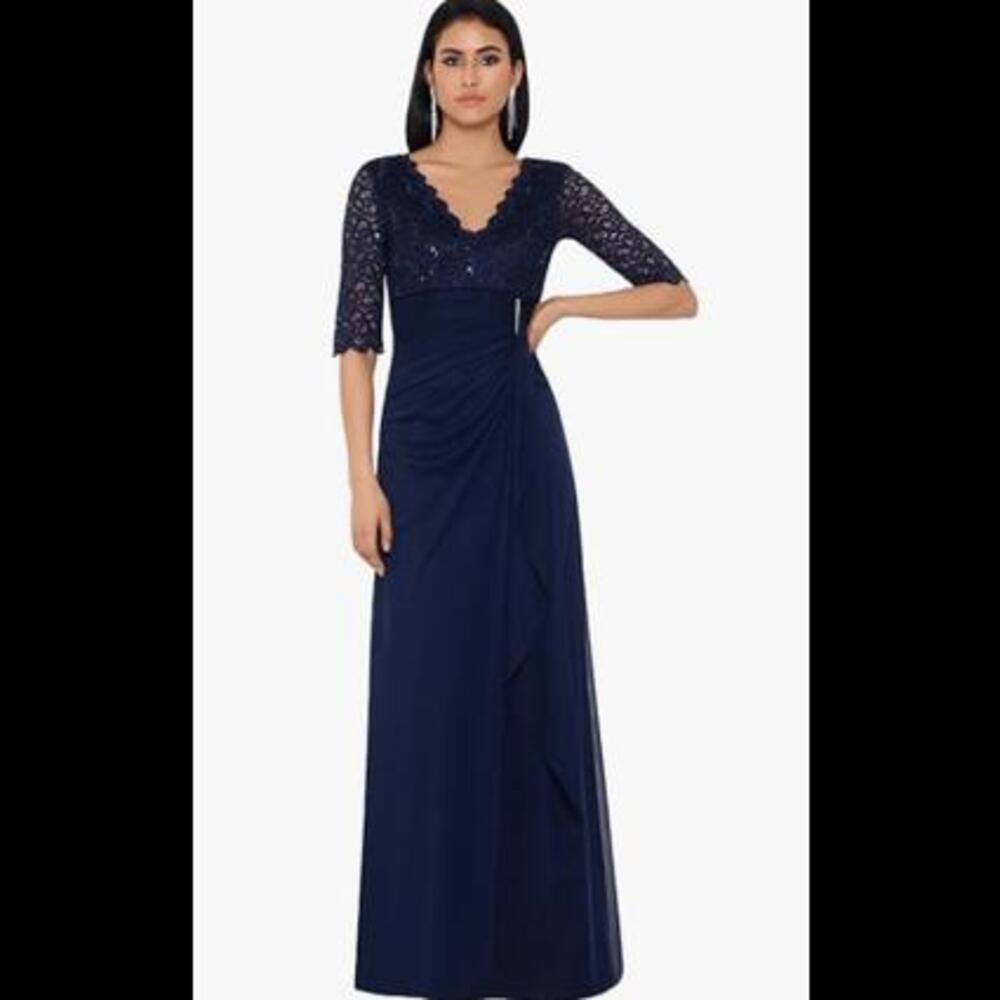 (Gb21) Betsy & Adam Women's  3/4 Sleeve V-Neck Lace Gown, 10P